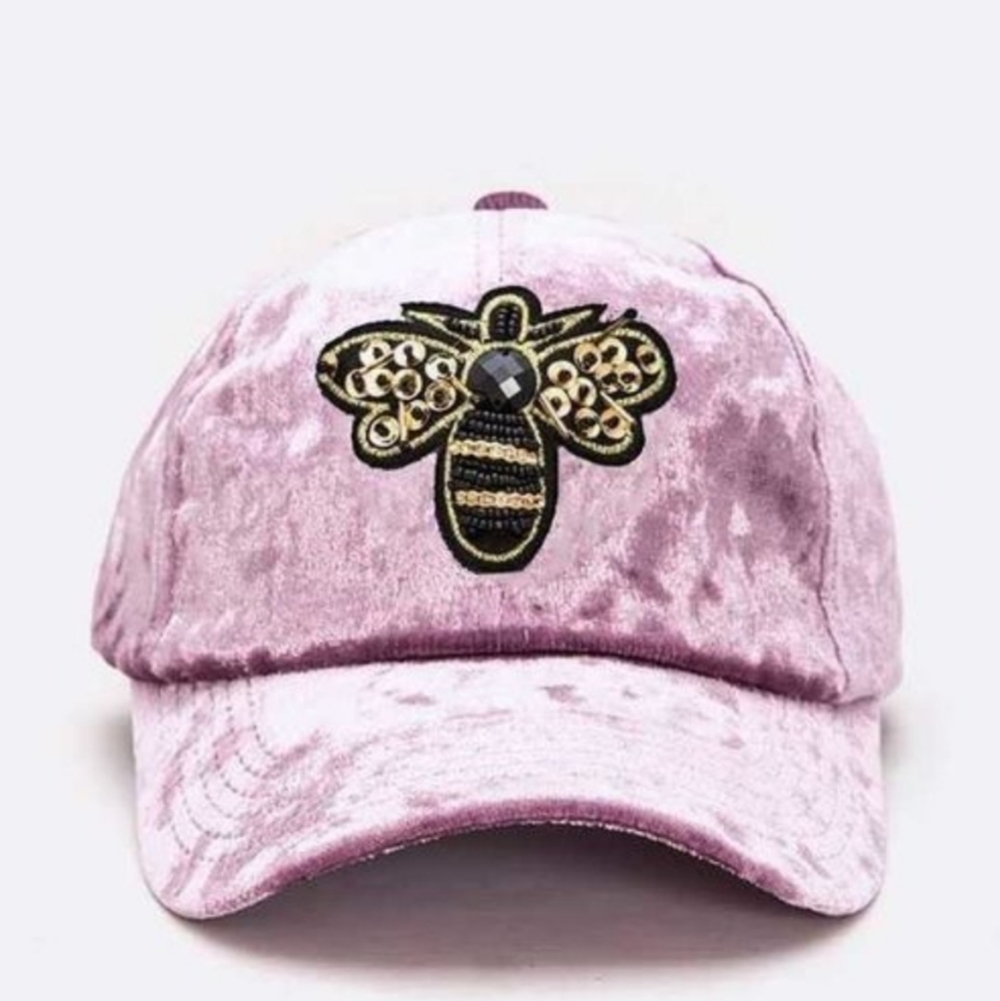 J.Elise Boutique Lavender Golden Bee Patch Distressed Velour Baseball Cap